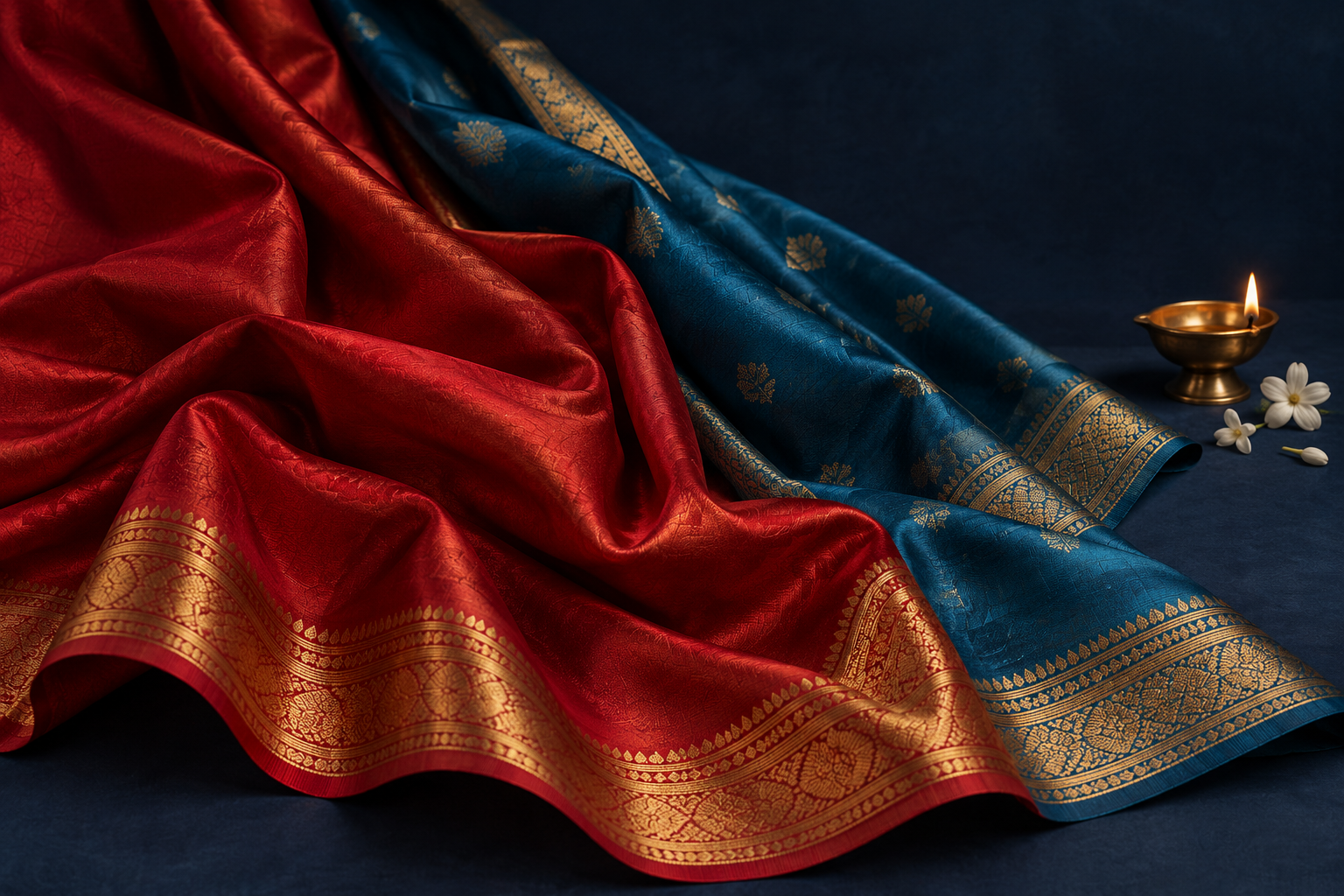 Rich red and peacock-blue sarees arranged in sculptural folds with gold borders